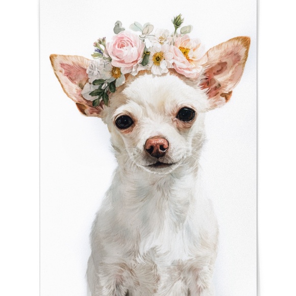 Watercolor White Chihuahua with Flowers Portrait Wall Art Print Poster Unframed - Picture 2 of 6